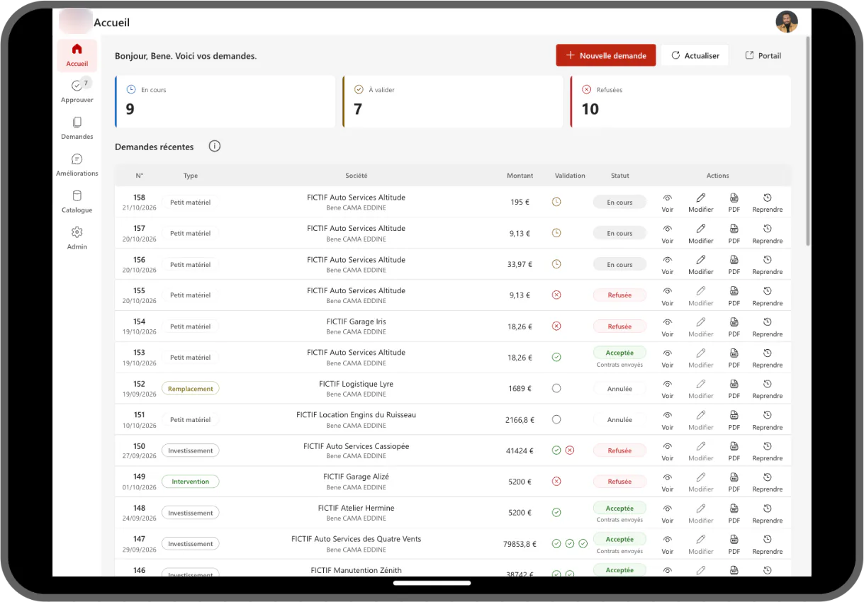 Accueil de l'application de demandes d'équipement sur tablette : indicateurs en cours, à valider et refusées, puis tableau des demandes récentes avec leur validation et leur statut.