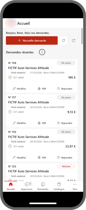 Accueil de l'application de demandes d'équipement sur téléphone : demandes récentes avec leur numéro, leur statut, leur montant et les actions Modifier, PDF et Reprendre.