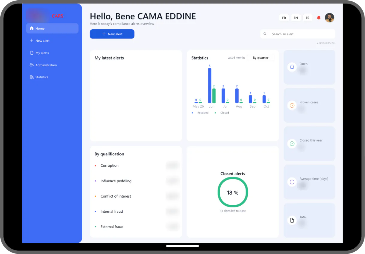 Accueil du canal de signalement sur tablette : statistiques des signalements reçus et clôturés, répartition par qualification et choix de la langue de l'interface.
